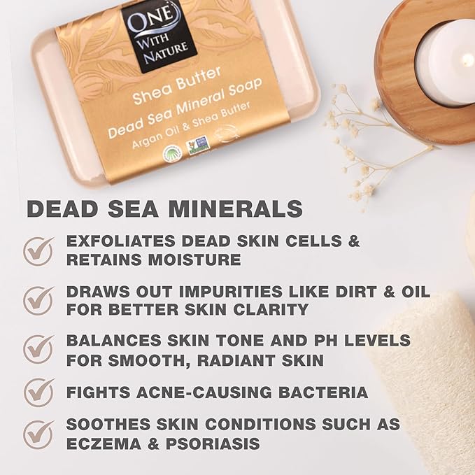 One With Nature Dead Sea Salt Shea Butter Soap 7oz 3-Pack – Purifying and Exfoliating Soap Bar with Dead Sea Minerals for Face & Body, for Men & Women
