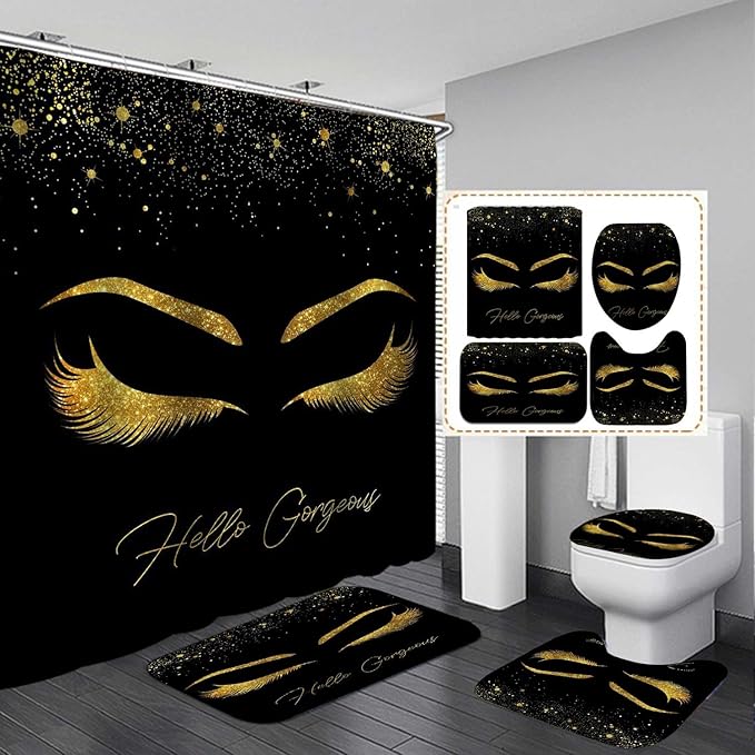 4PCS Unicorn Eyelash Shower Curtain Set, Luxury Gold Glitter Eyebrow Makeup Confetti Hello Gorgeous Glam Modern Fashion Black Women Bathroom Decor, Non-slip Bath Mat Toilet Rug, Gold Eyelash