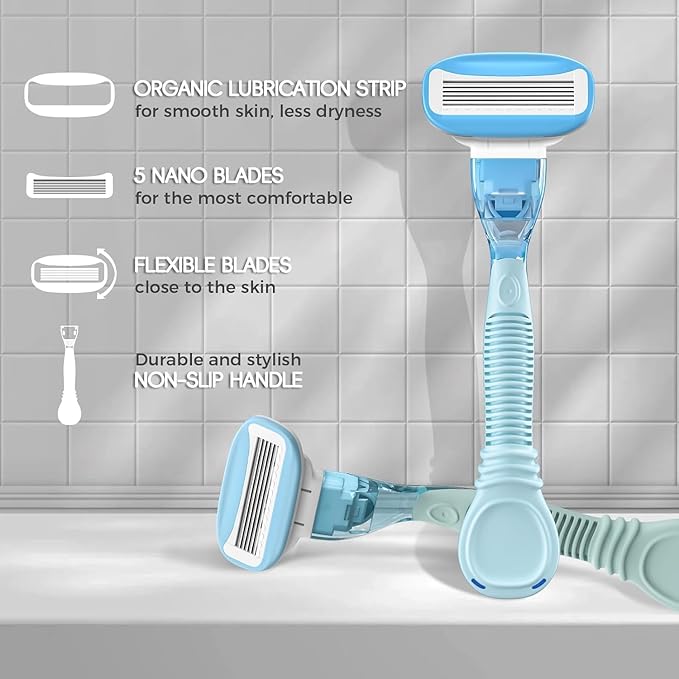 Razors for Women with 4 Razor Refills and 1 Non-Slip Handle, Womens Razors for Shaving with Organic Lubricating Strip, Disposable Razor with 5 Blades (Sky Blue)