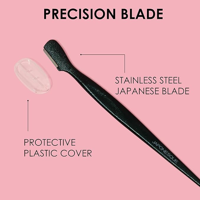 Japonesque Brow Touch Up Razors with Ultra-Sharp Stainless Steel Blades, for Removal of Unwanted Facial Hair and Peach Fuzz, Protective Blade Cover for Safe Storage Included