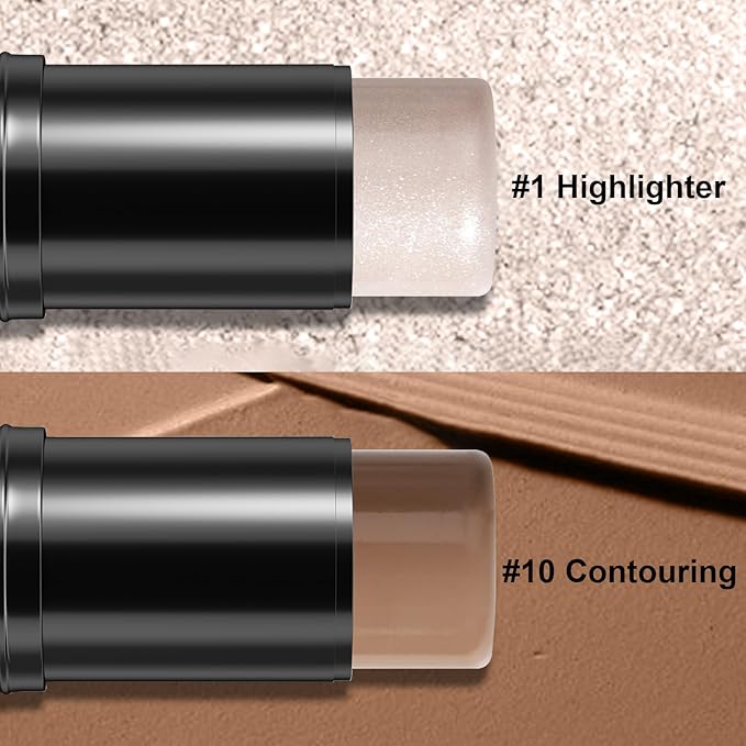 2Pcs Cream Contour Stick Makeup Kit, Cream Highlighter Stick and Bronzer Contour Stick with Longwear Waterproof Formula for Brightening and Trimming the Cheeks, Makeup Brush Include (#01, 10)