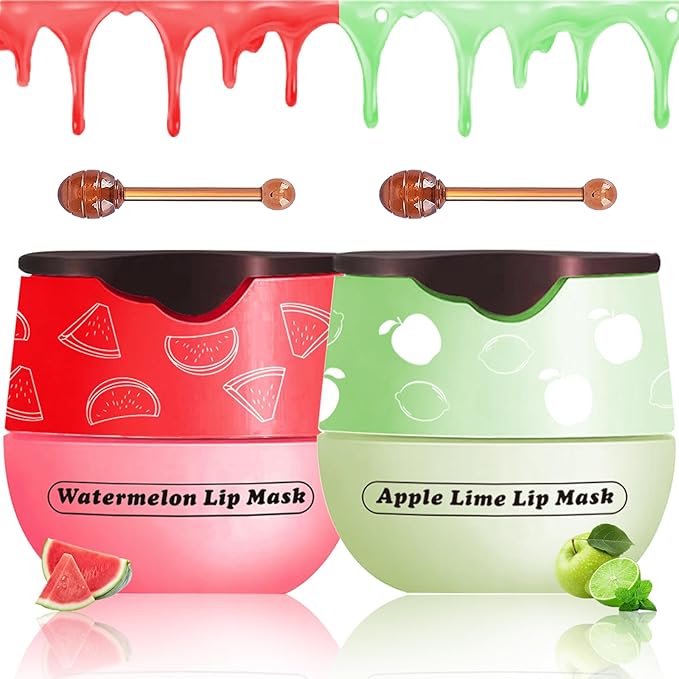 2 PCS Lip Balm Honey Pot, Apple Lime & Watermelem Lip Mask Vitamin E & Moisturizing Propolis Sleeping Lip Mask Prevention Dry and Cracked Lip Scrubs Exfoliator, Christmas Gifts