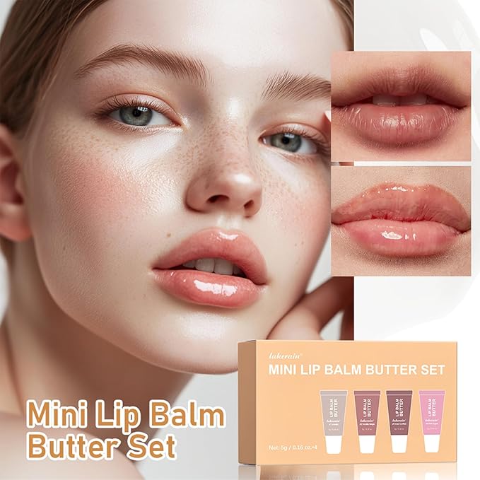 4Pcs Hydrating Lip Gloss Set, Mini Lip Butter Balm Pack, High Shine Glass Finish Lip Moisturizing Plumping Lip Gloss Shiny Jelly Liquid Lipstick for Women