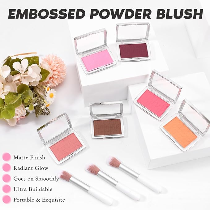 Cherry Blush Powder Blush for Cheeks with Brush, Matte Blush Palette Blush Powder Face Blusher, Natural Blendable Formula Silky Lightweight Makeup Blush Rubores de Maquillaje, 015#