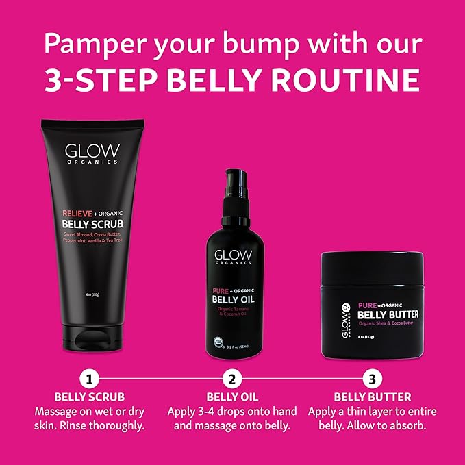 Pregnancy Bump Box, 3-Step Routine, Kit with Belly Scrub, Oil and Butter for Stretch Marks, Organic, Maternity Skin Care, Clean Beauty, The Perfect Gifts for Expectant Moms