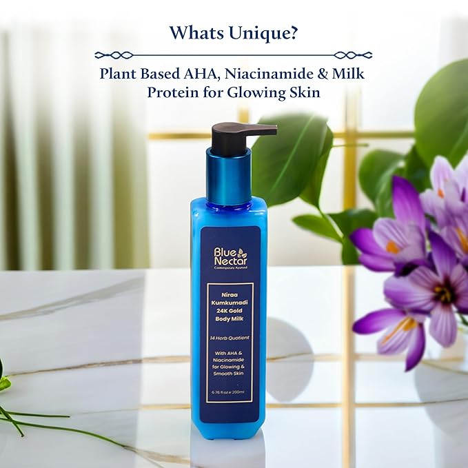 Blue Nectar 24K Carat Gold Body Milk for Women & Men | Body Lotion with Plant Based AHA & Niacinamide | Moisturizer for Body | All Skin Types (14 Herbs, 3.38 Fl Oz)