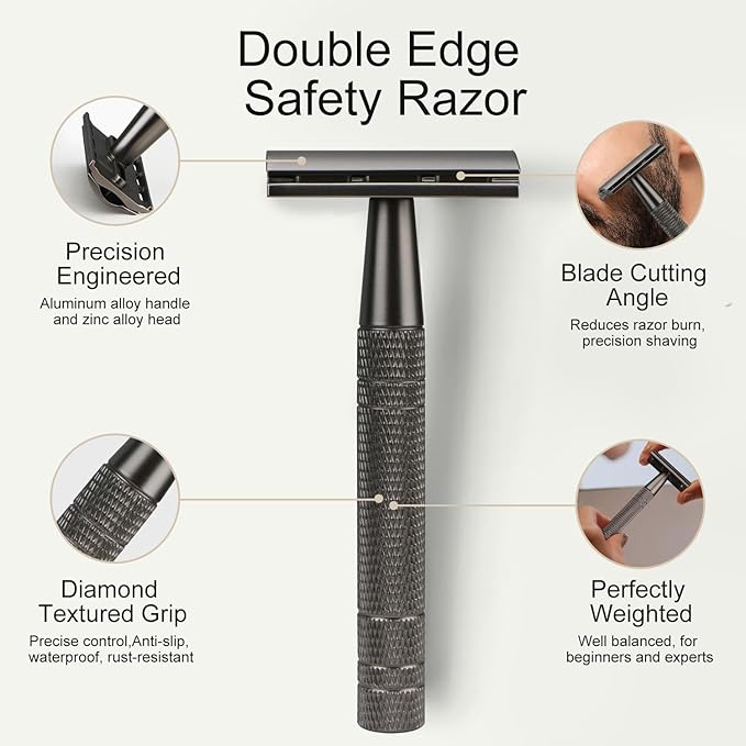 Matte Gun Black Double Edge Safety Razor, Single Blade Razors for Men and Women, with 10 Stainless Steel Safety Razor Blades, Reusable, Eco-friendly, Smooth and Close Shaving, Plastic Free
