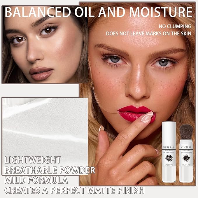 Mineral Sunscreen Setting Powder, SPF 35 Translucent Loose Powder, Mineral Brush Powder, Oil Control Natural Matte Finish, Lasting Lightweight Breathable for All Skin (#03 White)