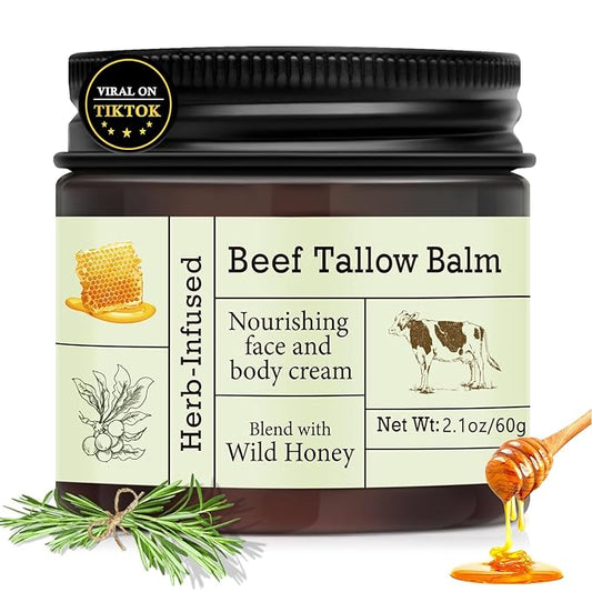 Beef Tallow For Skin – Natural Tallow and Honey Balm Face Moisturizer, Organic Grass-Fed Tallow, Deeply Nourishing Whipped Skin Balm for Face & Body, Moisturizing Cream for Dry Skin