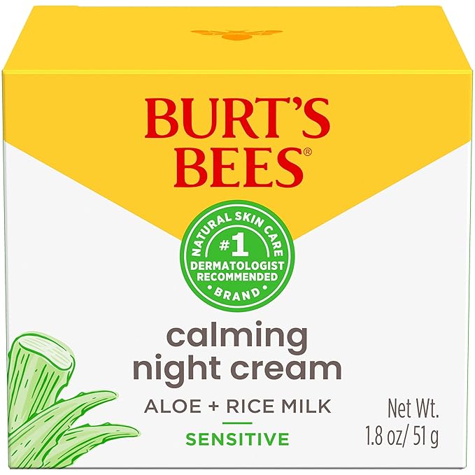 Burt's Bees Calming Night Cream, With Aloe and Rice Milk, Face Moisturizer For Sensitive Skin Infuses Skin With Moisture While You Sleep, 98.8 Percent Natural Origin, 1.8 oz. Tub