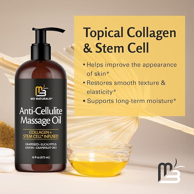 M3 Naturals Firming Body Massage Oil with Collagen & Stem Cell – Helps Smooth The Appearance of Cellulite & Improve Skin Texture – Refreshing Aromatherapy Body Oil for Legs & Full Body – 16 Fl Oz