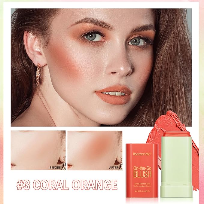 Cream Coral Orange Blush Stick,Multi-Use Makeup Milk Blush Stick,Long Lasting Natural Blush Makeup 2-in-1 Cheek and Lip Tint,Waterproof Vegan Tinted Moisturizer Matte Blush Stick for Cheeks and Lip