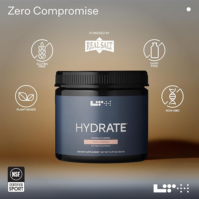 LTH Hydrate Hydration Mix - Trusted by Life Time Fitness Members - NSF Certified for Sport - Electrolyte Powder - Plant-Based, Non-GMO, Gluten Free - 60 Servings (Peach Mango)