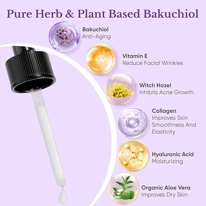 Bakuchiol Retinol Serum for Face, Retinol Alternative for Sensitive Skin with Vitamin E, Hyaluronic Acid, Collagen, Serum for Anti-Aging, Wrinkle Reduction Skin Firming & Smoothing 1 oz