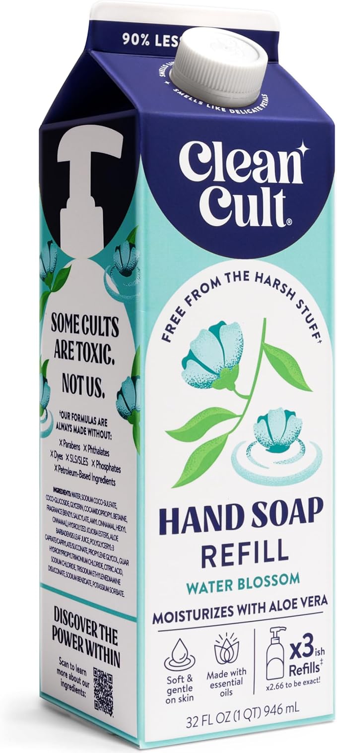 Cleancult Liquid Hand Soap Refill - Water Blossom - Moisturizes Dry & Sensitive Skin - Made with Aloe Vera & Essential Oils - Eco Friendly - Paper-Based Packaging - 32 oz/1 Pack