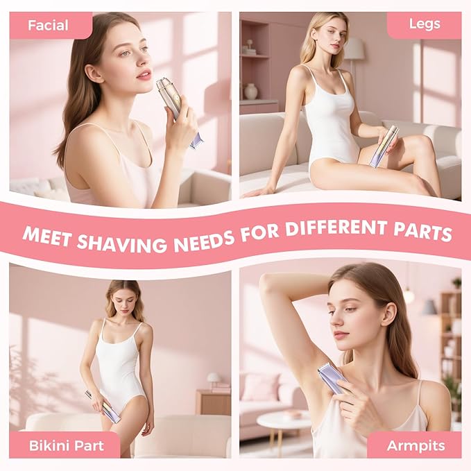 2 in 1 Bikini Trimmer for Women, Dual Head Electric Razor, IPX7 Waterproof Wet/Dry Use Women Electric Shaver, Painless Body Facial Hair Remover for Bikini Legs Arm Underarm, (Purple)