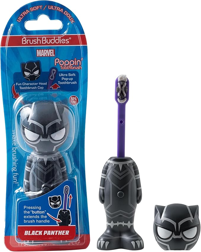 Brush Buddies Marvel Black Panther Kids Toothbrush, Soft & Rounded Bristles, Poppin' Fun Superhero Toothbrush