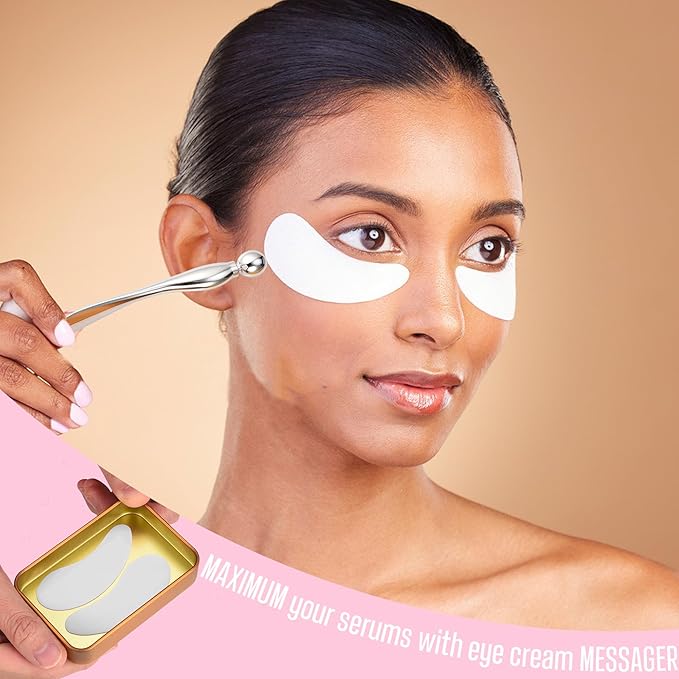 CCbeauty Reusable Under Eye Patches + Eye Cream Applicator Value Set | 100% Silicone Eye Gel Pads | Boost Hydration | Minimize Fine Lines + Wrinkles + Dark Circles | Storage Tin Included | White