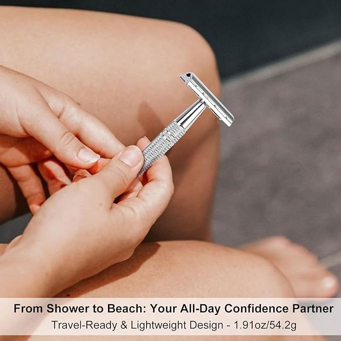 Double Edge Safety Razor with Stand, Single Blade Razors for Men and Women, Metal 1 Blade Razor, with 10 Platinum Coated Stainless Steel Double Edge Blades, Smooth and Close Shave, Silver