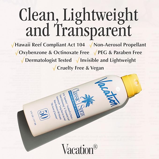 Vacation Classic Spray Sunscreen SPF 50 + Air Freshener Bundle, Broad Spectrum Sunscreen Spray, Vegan Sunblock Spray, Body Spray with SPF, Spray Sunscreen SPF 50, 6 fl. Oz.