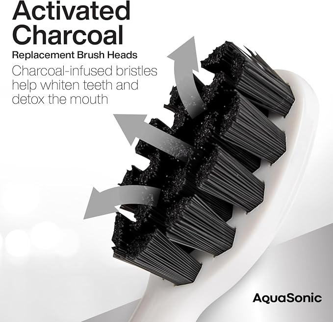 AquaSonic 2-Pack Activated Charcoal Brush Heads - Ultra Whitening Brush Heads - 2X Whitening & Stain Remover - for Black Series, Black Series Pro, Vibe Series, Duo Pro Series (White)