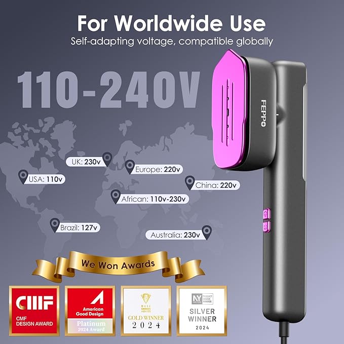 FEPPO Travel Steamer for Clothes, 110-240V Dual Voltage Portable Mini Steamer & Iron 2in1, 1100W Powerful Garment Steamer, Fast Heat Up, Travel Size, HD Display, for Home & Global & Europe Travel