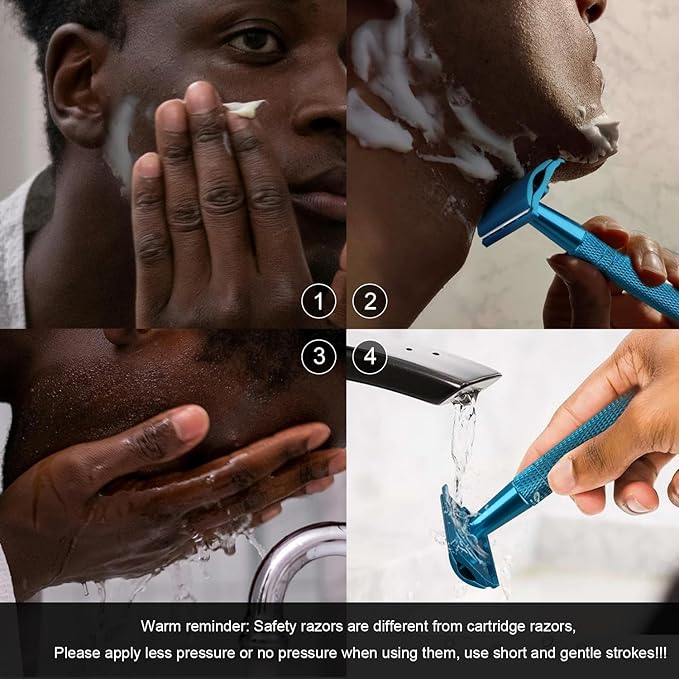 Double Edge Safety Razor, Single Blade Razors for Men and Women, with 10 Stainless Steel Safety Razor Blades, Smooth and Close Wet Shaving, Plastic Free, Blue