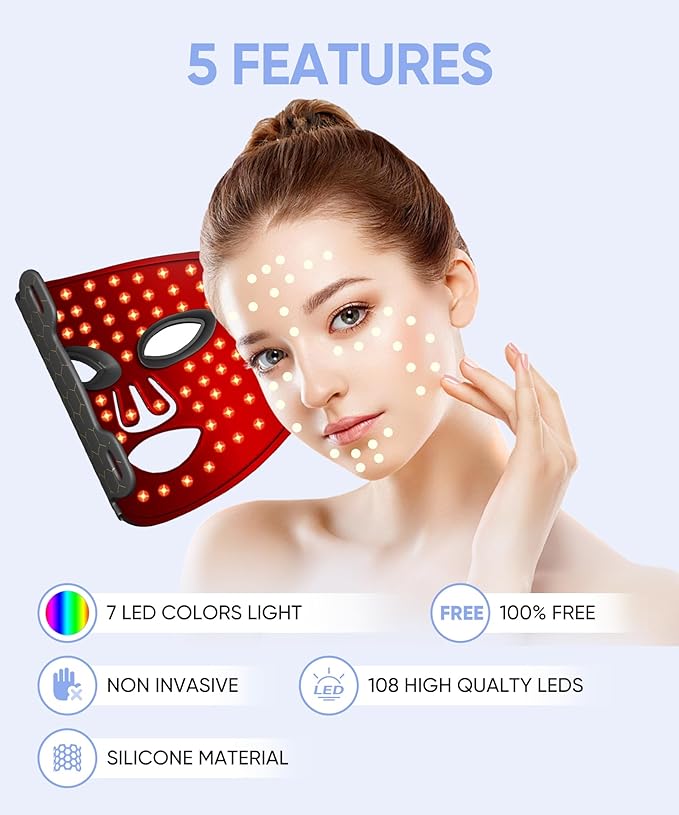 Led Face Mask Light Therapy, Red Light Therapy for Face, 7-1 Colors LED Facial Skin Care Mask, Black