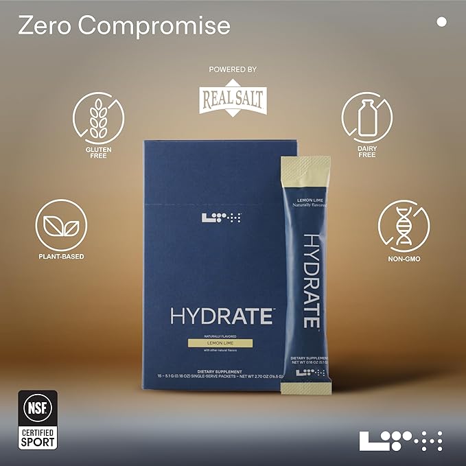 LTH Hydrate Hydration Mix - Trusted by Life Time Fitness Members - NSF Certified for Sport - Electrolyte Powder - Plant-Based, Non-GMO, Gluten Free - 15 Single-Serve Packets (Lemon Lime)
