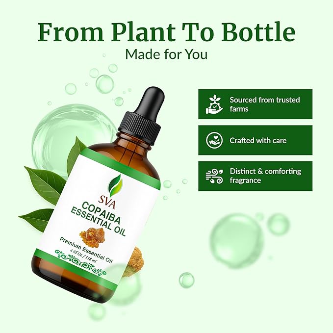 SVA Copaiba Essential Oil – 4 Fl Oz – 100% Natural Copaiba Oil - for Diffuser, Hair Care, Face, Skin Care, Aromatherapy, Scalp and Body Massage, Soap and Candle Making – with Dropper