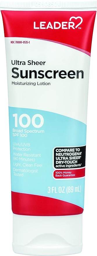Leader Travel Sunscreen SPF 100+, Ultra Sheer Dry-Touch Water Resistant and Non-Greasy Lotion with Broad Spectrum SPF 100+, 3 Fl Oz