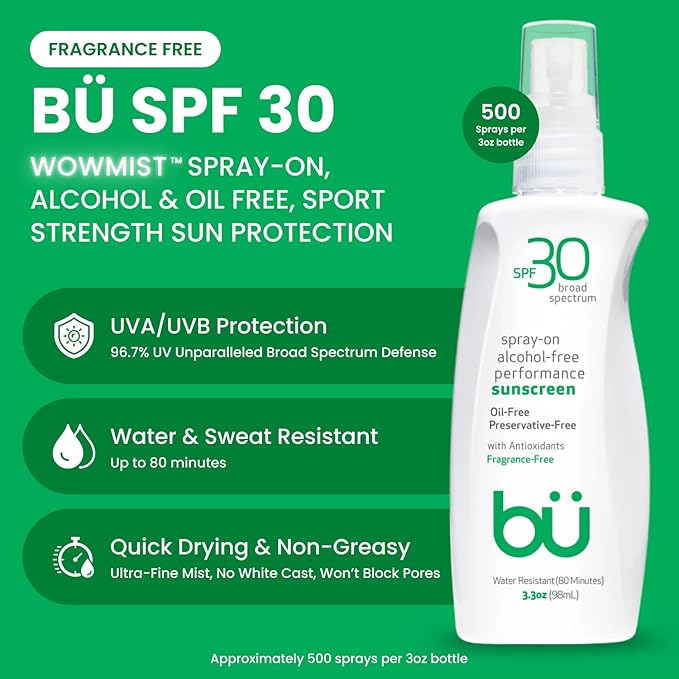 BU SPF 30 Sunscreen Spray for Face and Body, Fragrance Free, TSA Travel Size Sunscreen, Clear, Non Greasy, Water Resistant, for Sensitive Skin, 3.3 oz (3 Pack)