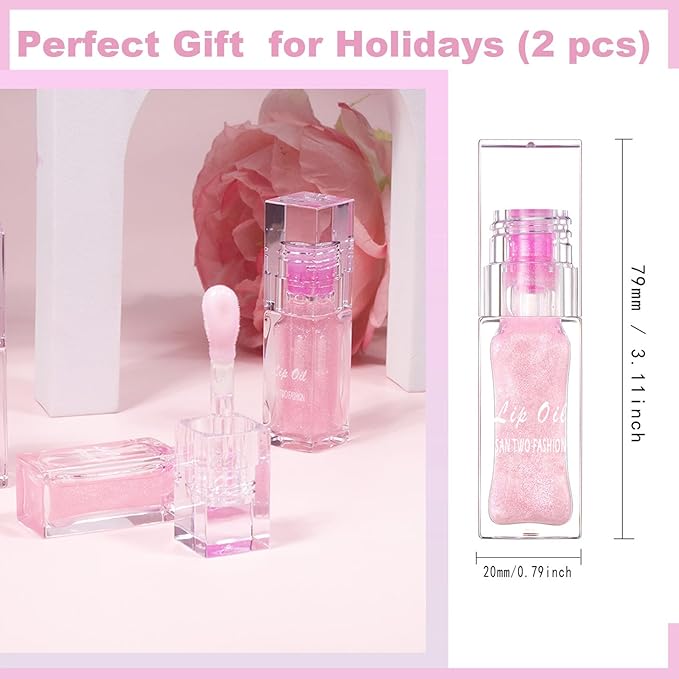 2PCS Magic Color Changing Lip Oil - Big Brush, Long Lasting Shimmery, Warm Change Hydrating Lip Gloss