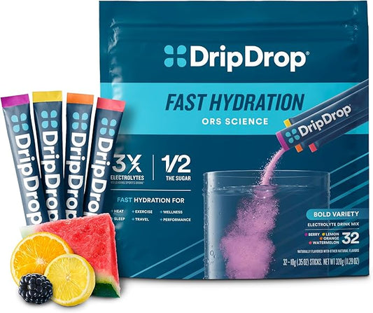 DripDrop Hydration Packets - Bold Variety Pack - Single Serve Electrolytes Powder Drink Mix - Watermelon, Berry, Lemon, Orange - Non-GMO, Gluten Free, Vegan - 32 Sticks