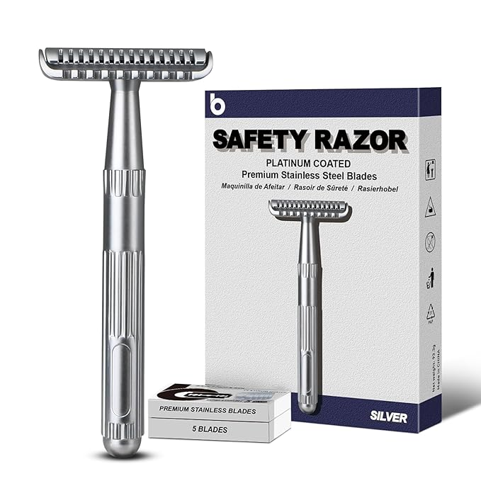 Matte Silver Double Edge Safety Razor, Single Blade Razors for Men and Women, with 10 Stainless Steel Safety Razor Blades, Reusable, Smooth and Close Wet Shaving Kit, Plastic Free