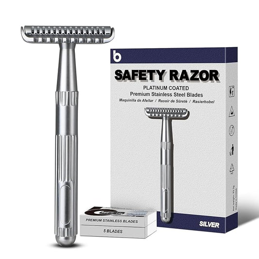 Matte Silver Double Edge Safety Razor, Single Blade Razors for Men and Women, with 10 Stainless Steel Safety Razor Blades, Reusable, Smooth and Close Wet Shaving Kit, Plastic Free
