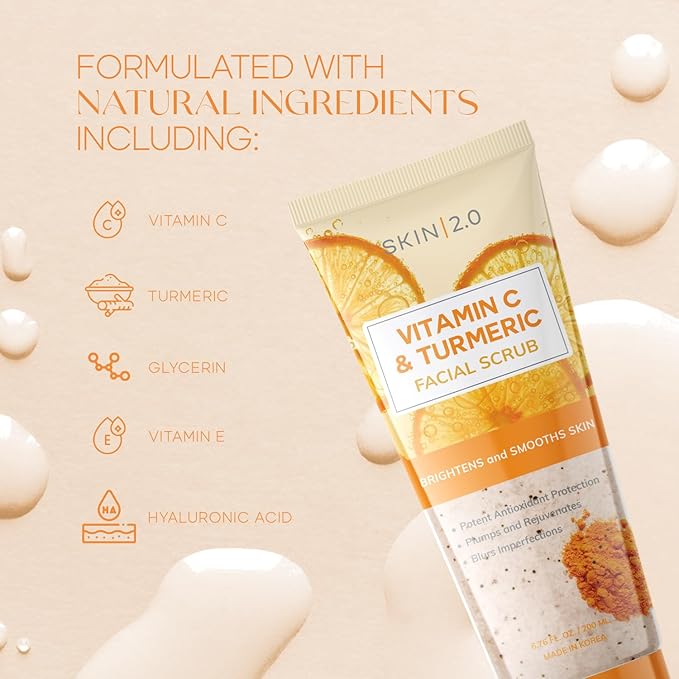 Vitamin C & Turmeric Face Scrub - Dermatologist Tested, Exfoliating, Brightening, Hydrating, Anti-Aging, Clean Beauty, Cruelty-Free Korean Skincare, All Skin Types - 6.76 Fl Oz / 200ML