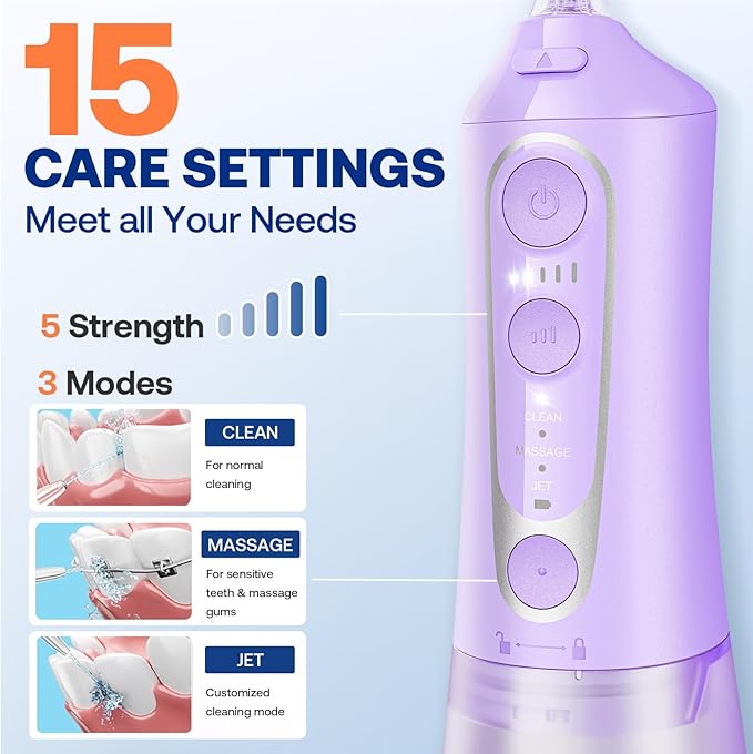 Bitvae C6 Water Flosser Teeth Picks, Cordless Water Dental Flosser for Travel with 6 Jet Tips, 15 Care Settings, IPX7 Waterproof Portable & Rechargeable Water Teeth Cleaner Picks, Purple
