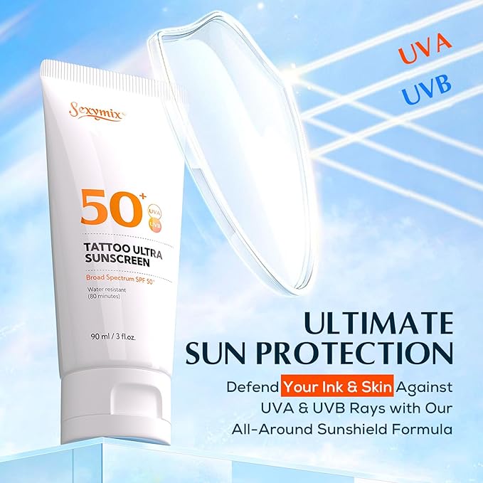 Sexymix Tattoo Sunscreen Lotion, Tattoo Aftercare SPF 50 90mL Sunscreen Lotion, Waterproof, Prevents Tattoo Fading, Non-Greasy