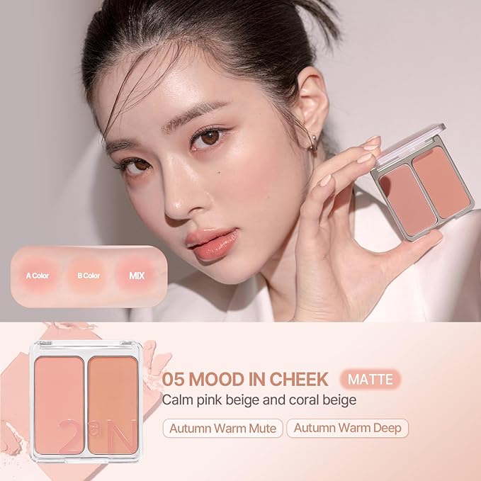2aN Dual Color Face Blusher, Buildable & Blendable Cheek Color, Natural & Vibrant Finish, Long-Lasting Powder Blush, Blends Easily with Natural Skin Tones, Korean Beauty (05 Mood In Cheek)