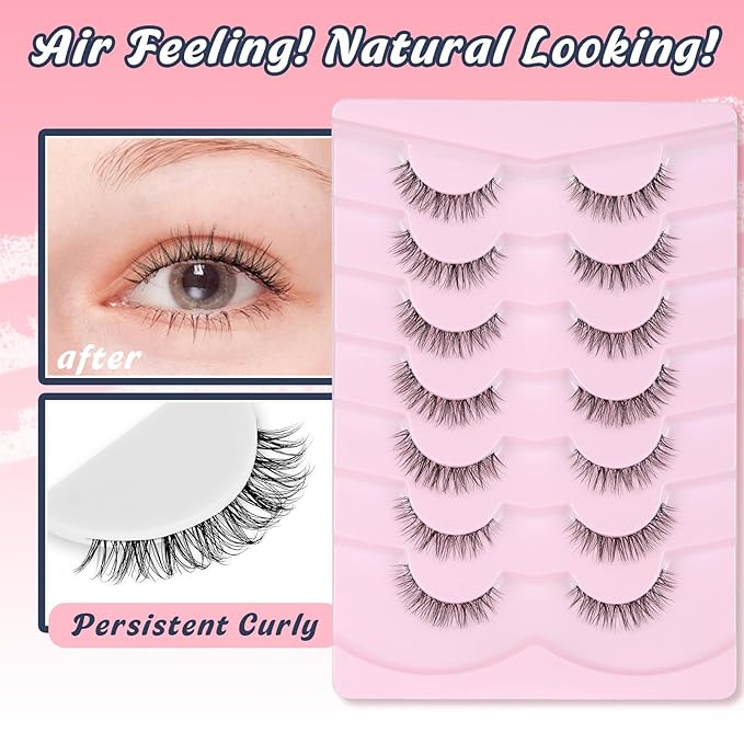 Natural Lashes False 11mm Short Eyelashes Wispy C Curl Eye Lashes Pack with Thin Cotton Band Fake Eyelash 3D Volume For Daily Siligli Lash 7 Pair