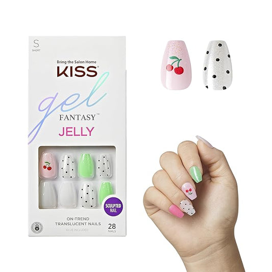 KISS Gel Fantasy, Press-On Nails, Nail glue included, 'Jelly Baby', Light Multicolor, Short Size, Coffin Shape, Includes 28 Nails, 2g Glue, 1 Manicure Stick, 1 Mini file