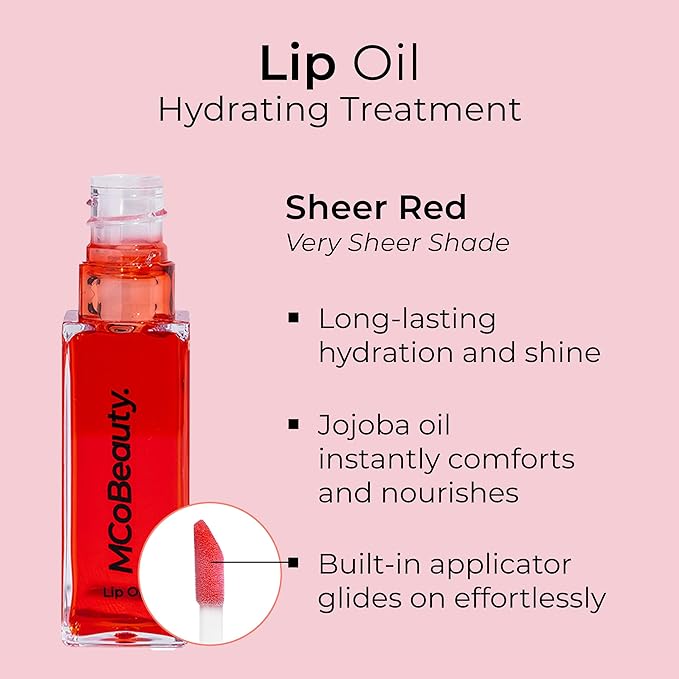 MCoBeauty Lip Oil Hydrating Treatment, Sheer Red, Moisturizing Shine for Naturally Beautiful Lips, Vegan, Cruelty Free Cosmetics