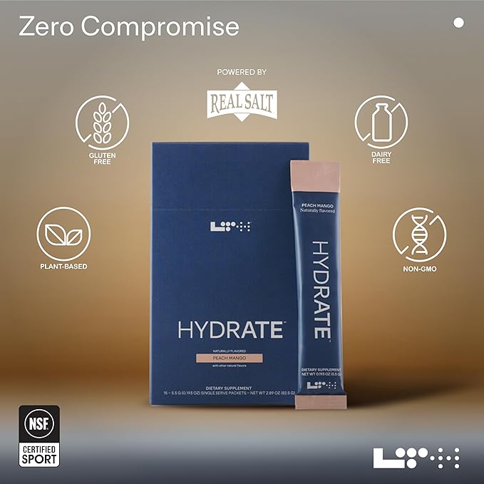 LTH Hydrate Hydration Mix - Trusted by Life Time Fitness Members - NSF Certified for Sport - Electrolyte Powder - Plant-Based, Non-GMO, Gluten Free - 15 Single-Serve Packets (Peach Mango)