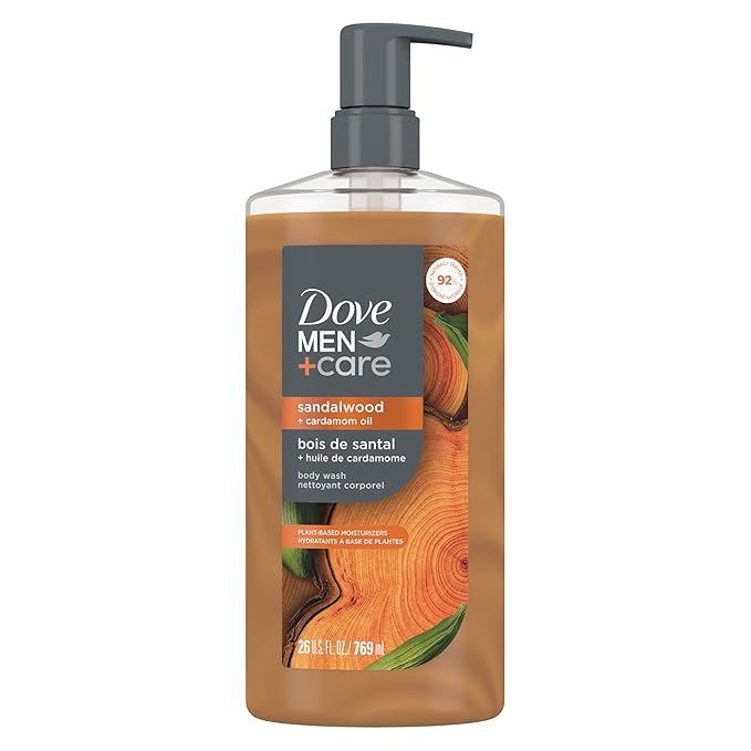 DOVE MEN + CARE Body Wash Sandalwood + Cardamom Oil to Rebuild Skin in the Shower with Plant-Based Cleansers and Moisturizers 26 oz