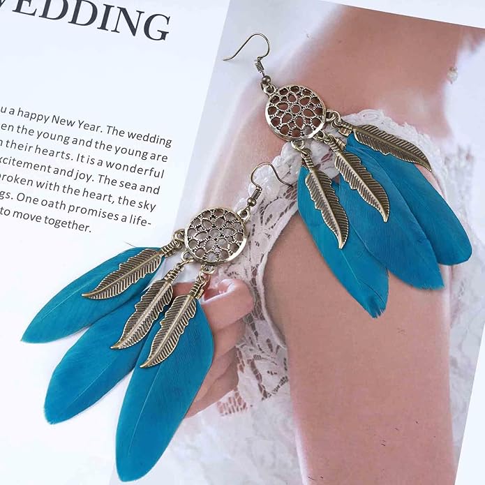 Boho Black Feather Dangle Earrings Long Feather Tassel Earrings Vintage Tribal Feather Earrings Gold Feather Drop Earrings Jewelry for Women