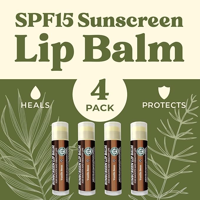 SPF Lip Balm 4-Pack by Earth's Daughter - Lip Sunscreen, SPF 15, Organic Ingredients, Vanilla Flavor, Beeswax, Coconut Oil, Vitamin E - Hypoallergenic, Paraben Free, Gluten Free
