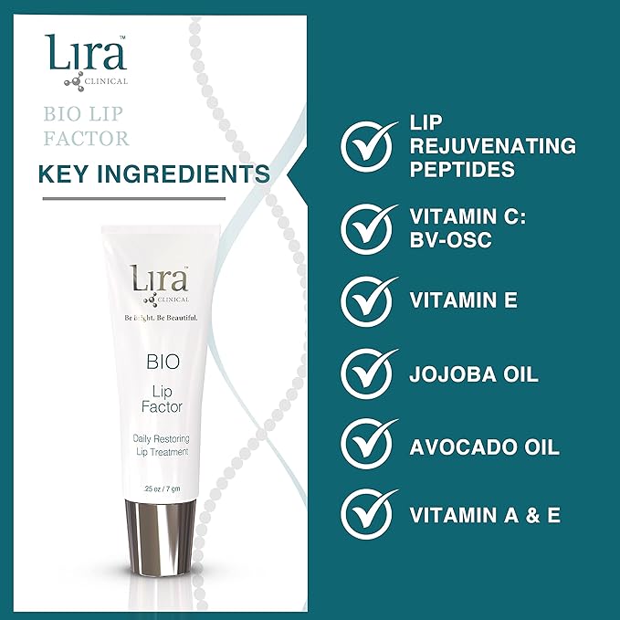 Lira Clinical Bio Lip Factor - Lip Balm SPF 15 for Soft, Full, and Supple Lips - Lip Treatment with Peptides, Vitamin C, E, Jojoba Oil, Avocado Oil - Lip Moisturizer for Dry Lips - 0.25 Ounce