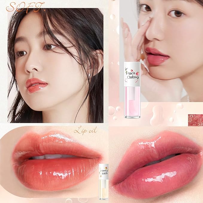 4PCS Hydrating Clear Lip Oil,Jelly Honey Lip Gloss Oil,Korean Big Brush Lip Oil,Long-lasting Moisturizing Nourishing Lip Balm,Plumping Lip Fresh Texture Clear Lip Gloss,Makeup Lip Care Tools