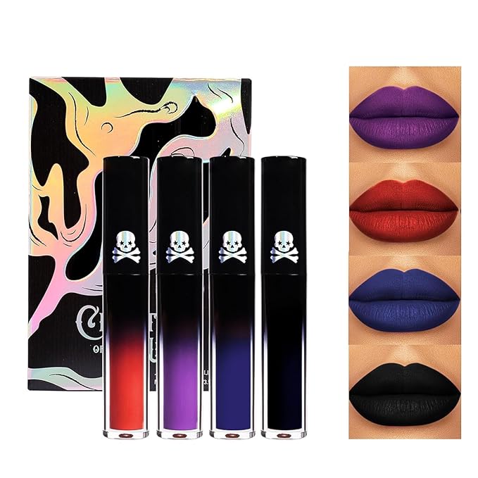 4PCS Halloween Matte Liquid Lipstick Lip Kit,24 Hour Long Lasting Red Lipgloss,Waterproof Smudge Proof Matte Lip Glaze,Gothic Festive Lip Gloss